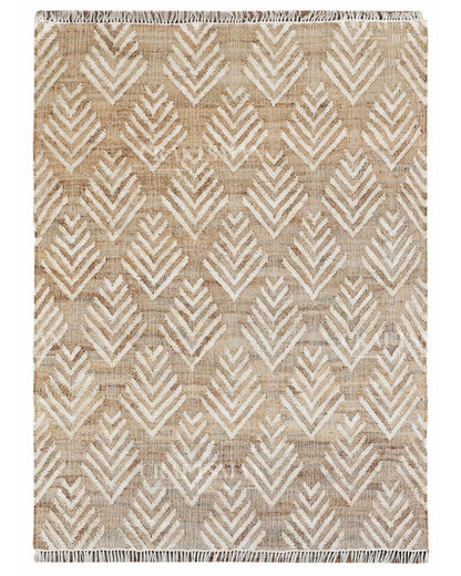 Arrowleaf Jute Hand-Woven Natural Rug – Beige White Textured Geometric Boho Area Carpet with Fringe