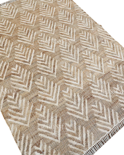 Arrowleaf Jute Hand-Woven Natural Rug – Beige White Textured Geometric Boho Area Carpet with Fringe