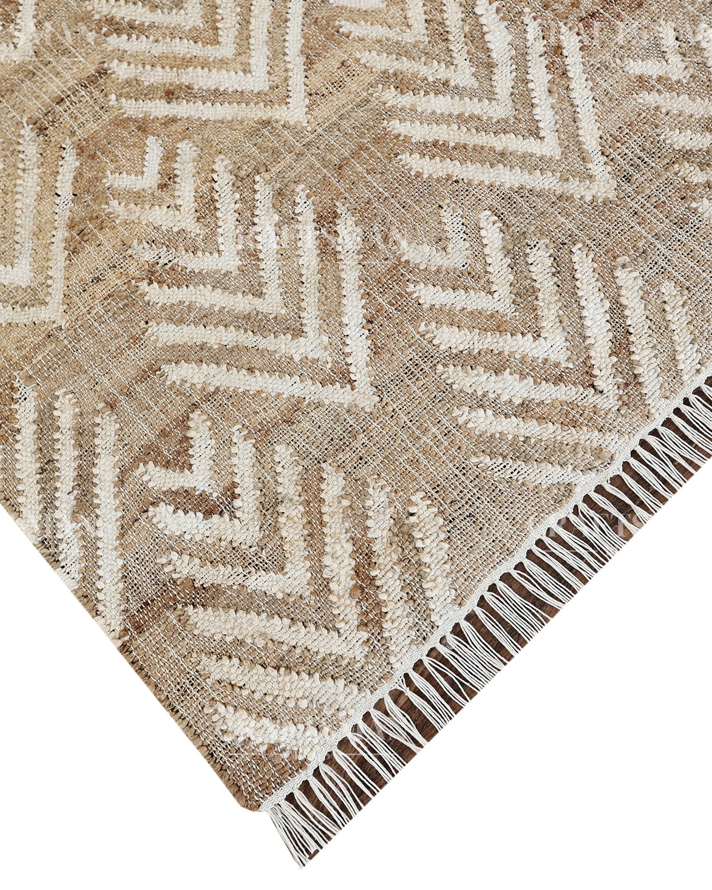 Arrowleaf Jute Hand-Woven Natural Rug – Beige White Textured Geometric Boho Area Carpet with Fringe