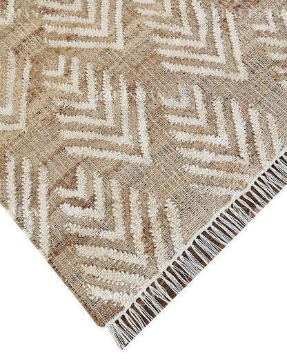 Arrowleaf Jute Hand-Woven Natural Rug – Beige White Textured Geometric Boho Area Carpet with Fringe