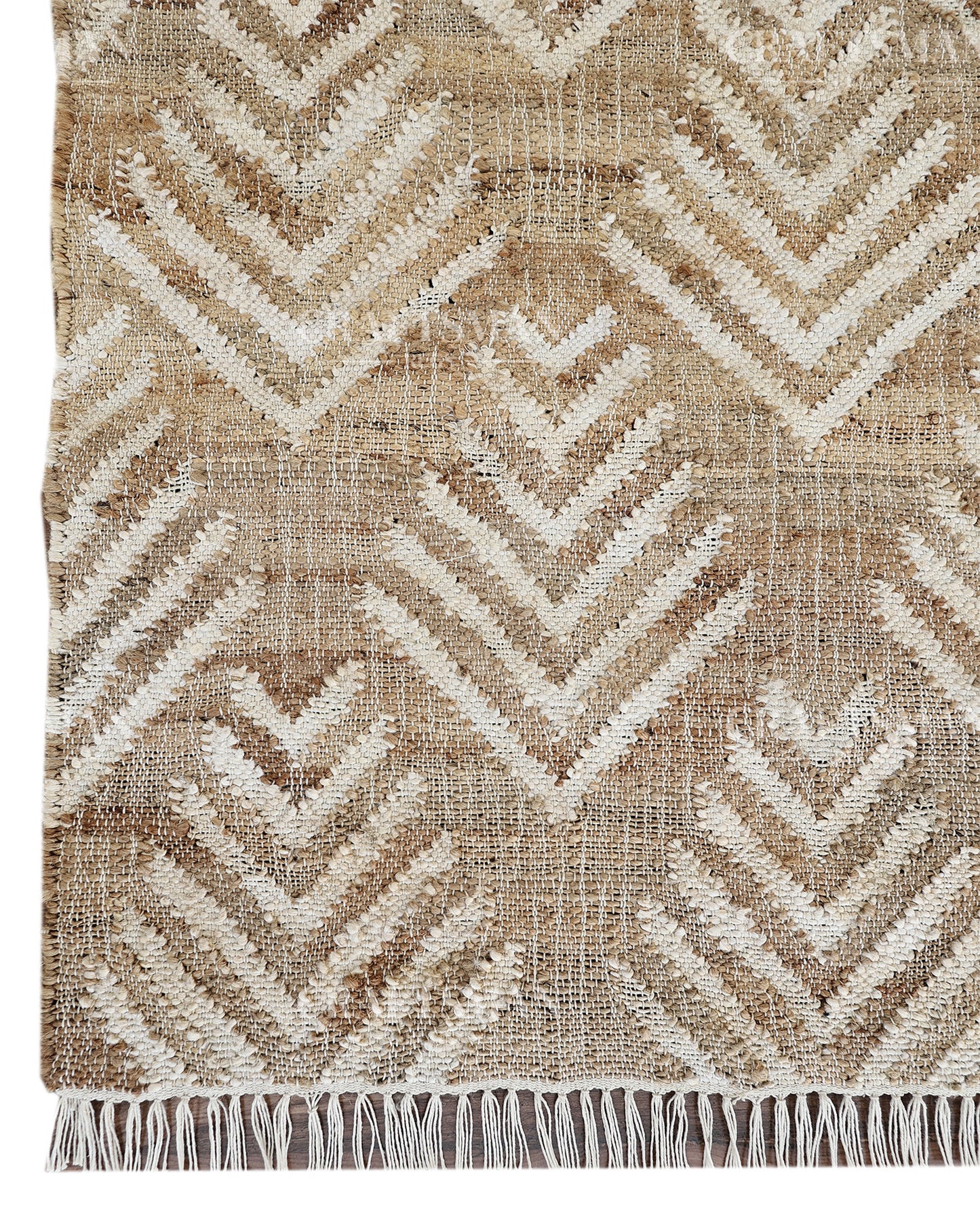 Arrowleaf Jute Hand-Woven Natural Rug – Beige White Textured Geometric Boho Area Carpet with Fringe