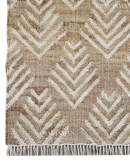 Arrowleaf Jute Hand-Woven Natural Rug – Beige White Textured Geometric Boho Area Carpet with Fringe