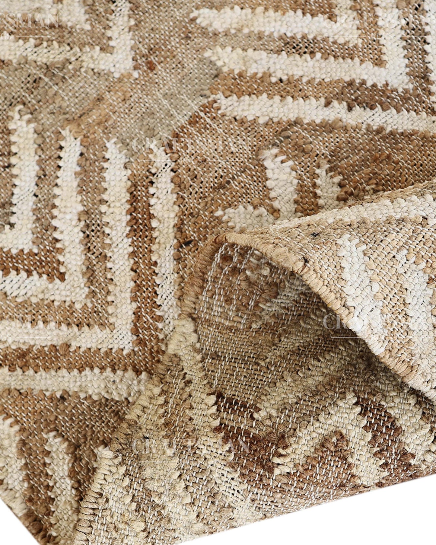 Arrowleaf Jute Hand-Woven Natural Rug – Beige White Textured Geometric Boho Area Carpet with Fringe