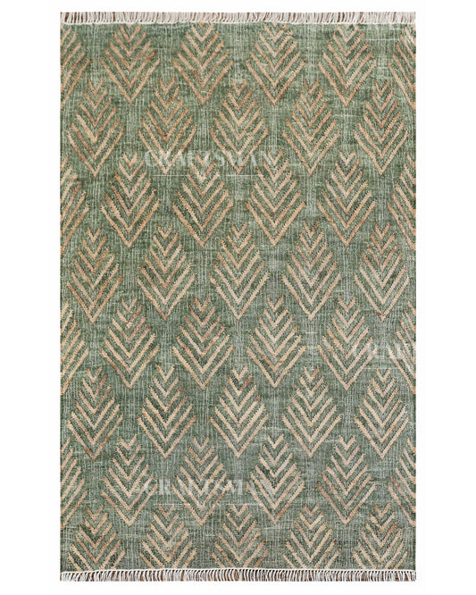 Sageleaf Jute Hand-Woven Natural Rug – Green Beige Geometric Boho Farmhouse Area Carpet with Fringe