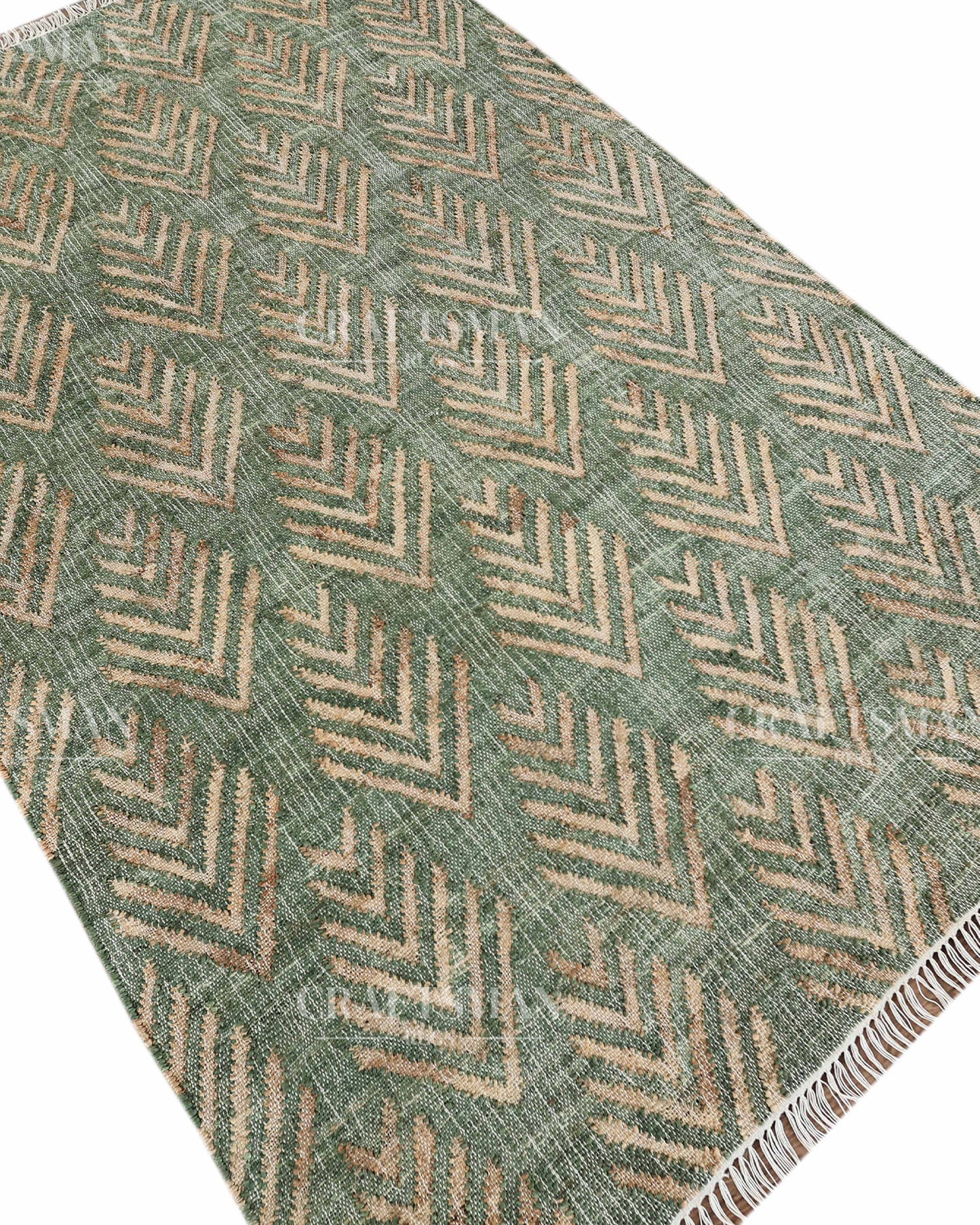 Sageleaf Jute Hand-Woven Natural Rug – Green Beige Geometric Boho Farmhouse Area Carpet with Fringe