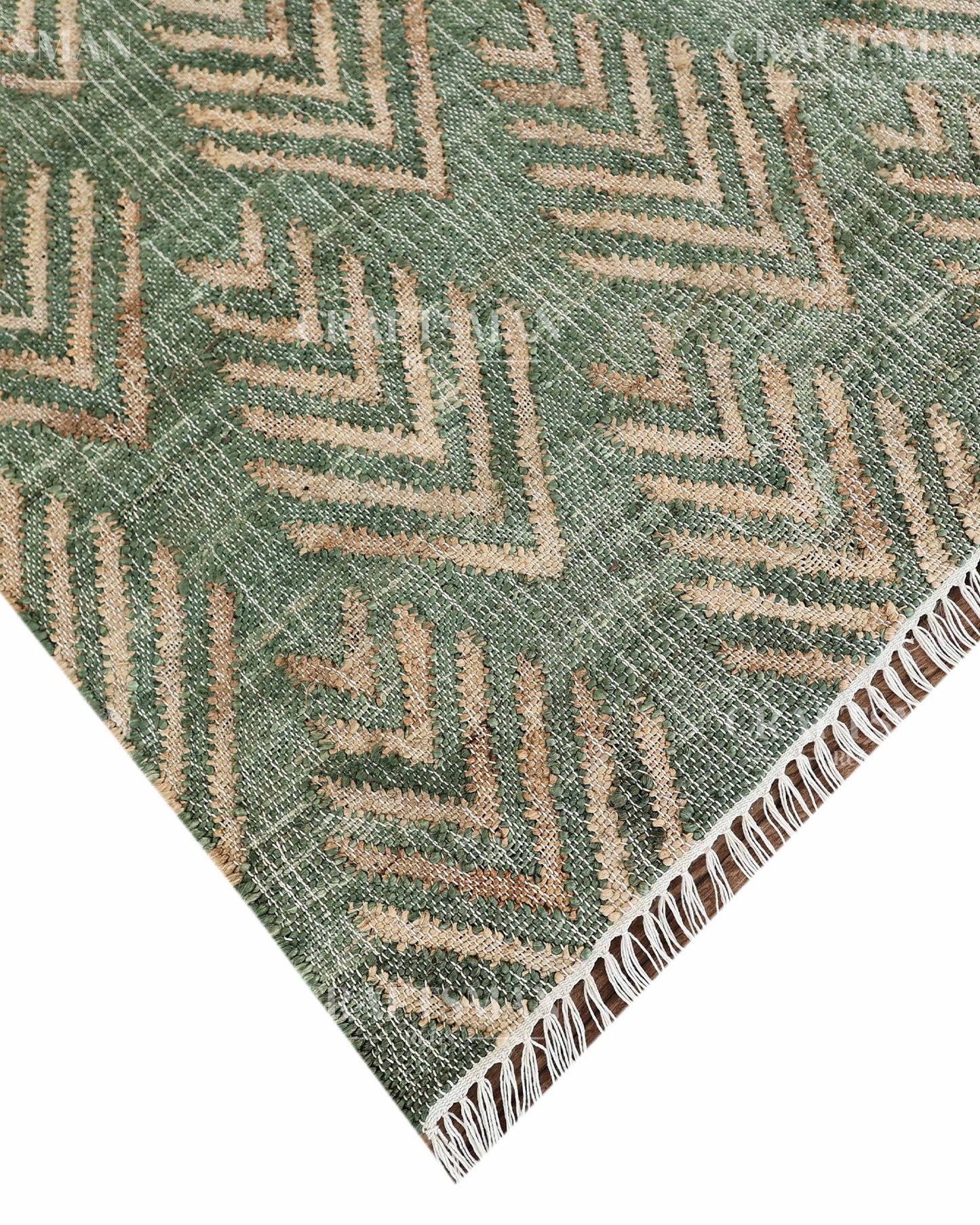 Sageleaf Jute Hand-Woven Natural Rug – Green Beige Geometric Boho Farmhouse Area Carpet with Fringe