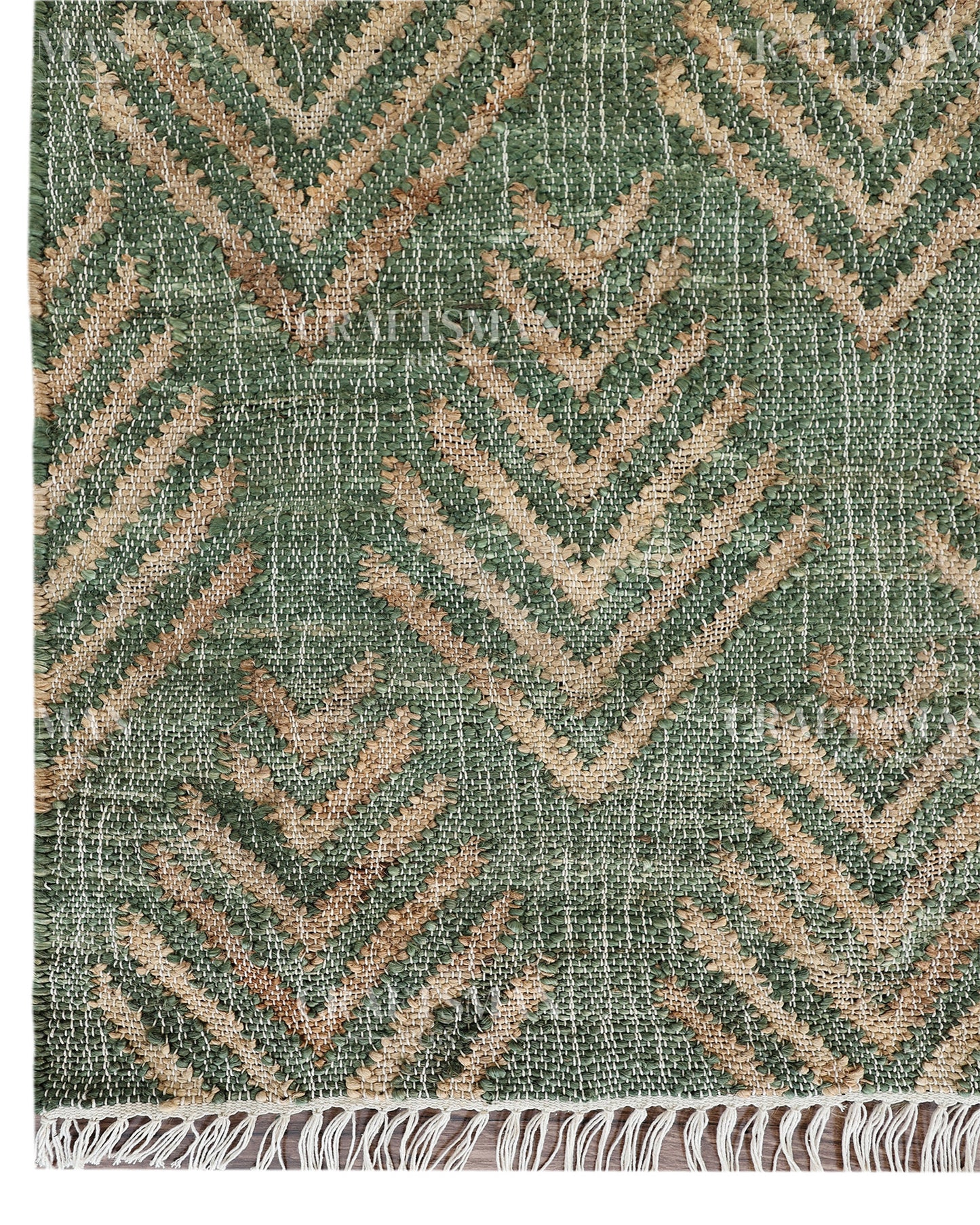 Sageleaf Jute Hand-Woven Natural Rug – Green Beige Geometric Boho Farmhouse Area Carpet with Fringe