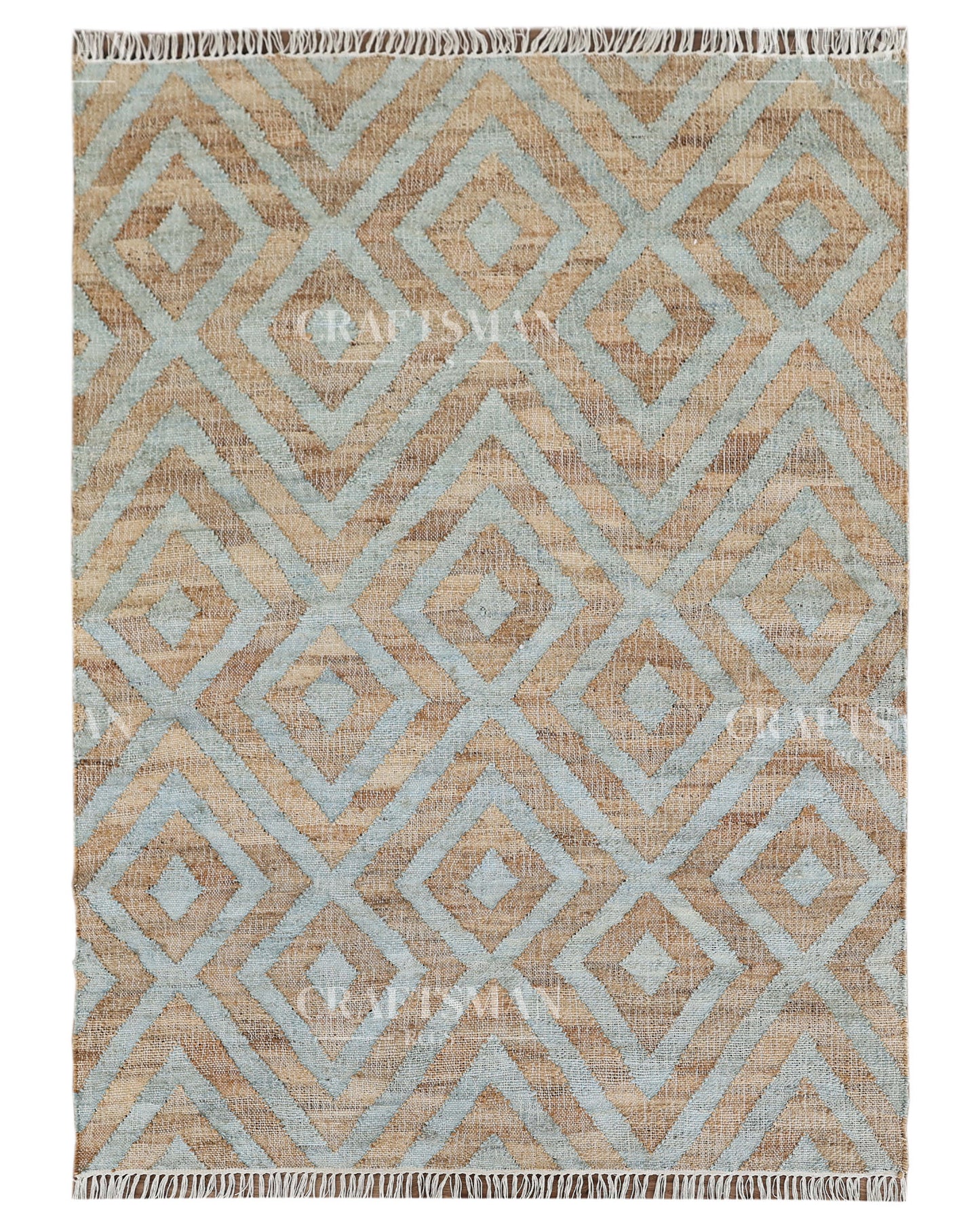 Skydiamond Jute Hand-Woven Natural Rug – Aqua Beige Geometric Boho Farmhouse Area Carpet with Fringe