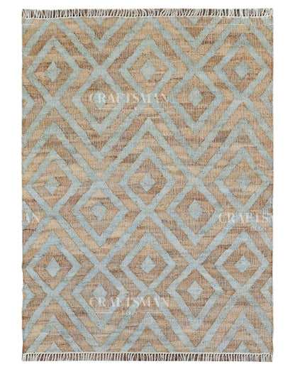 Skydiamond Jute Hand-Woven Natural Rug – Aqua Beige Geometric Boho Farmhouse Area Carpet with Fringe
