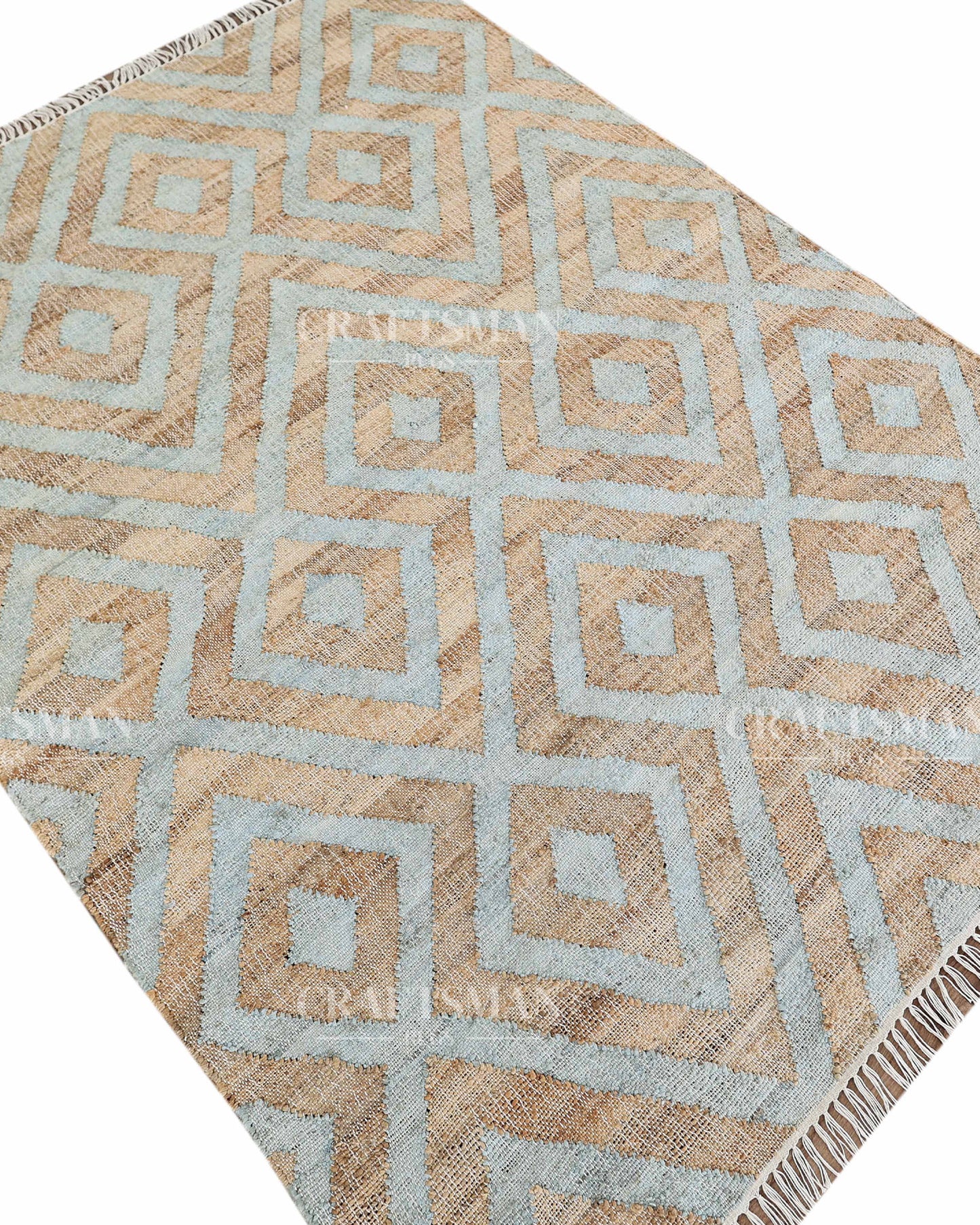 Skydiamond Jute Hand-Woven Natural Rug – Aqua Beige Geometric Boho Farmhouse Area Carpet with Fringe