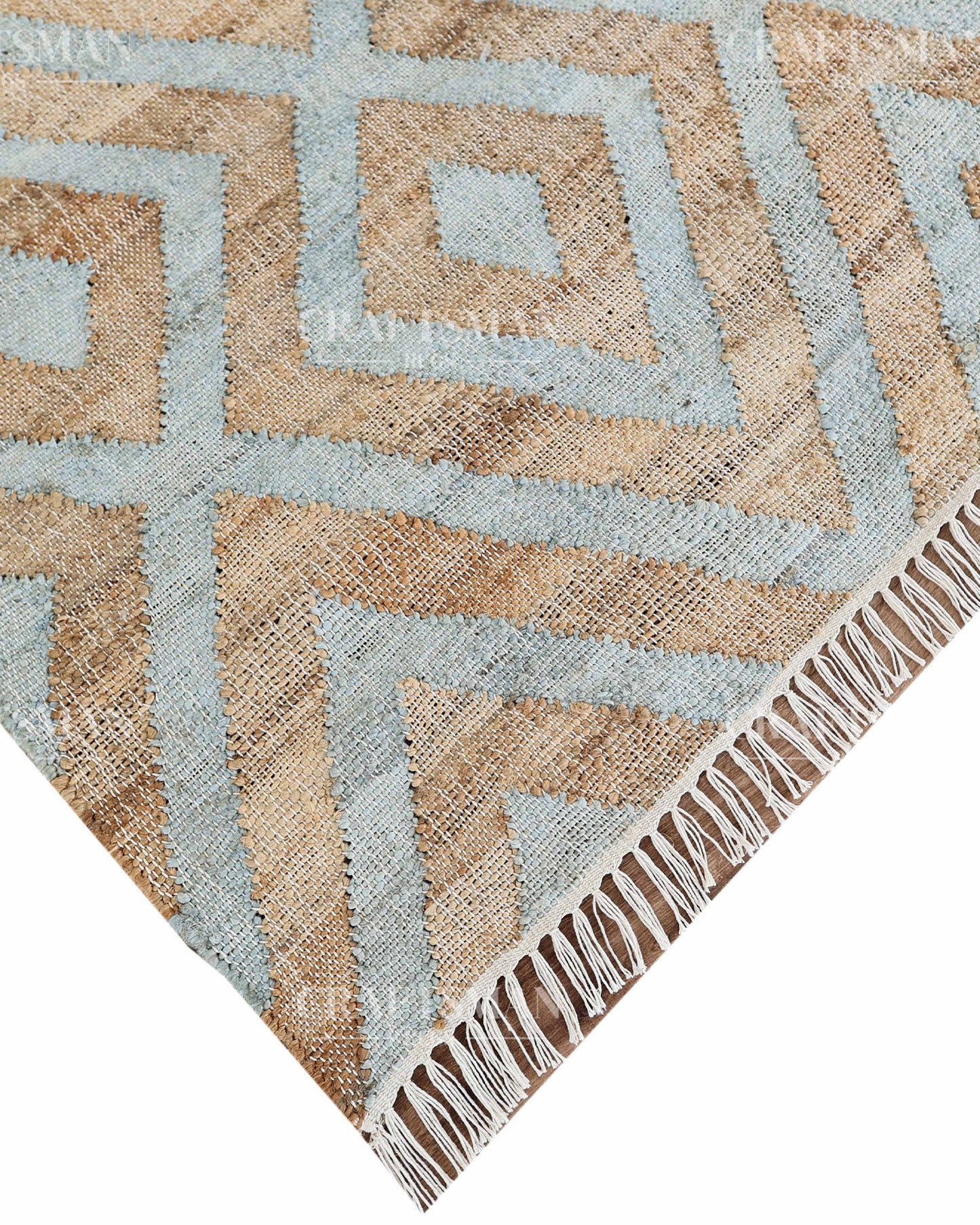 Skydiamond Jute Hand-Woven Natural Rug – Aqua Beige Geometric Boho Farmhouse Area Carpet with Fringe