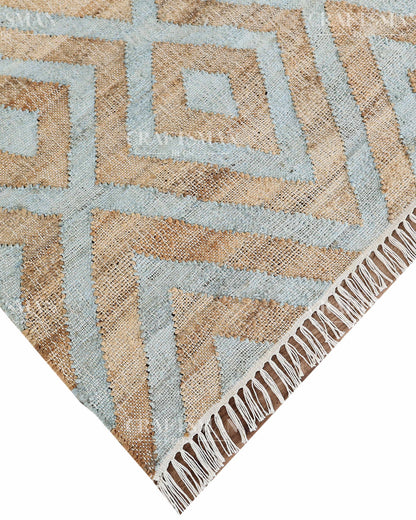 Skydiamond Jute Hand-Woven Natural Rug – Aqua Beige Geometric Boho Farmhouse Area Carpet with Fringe
