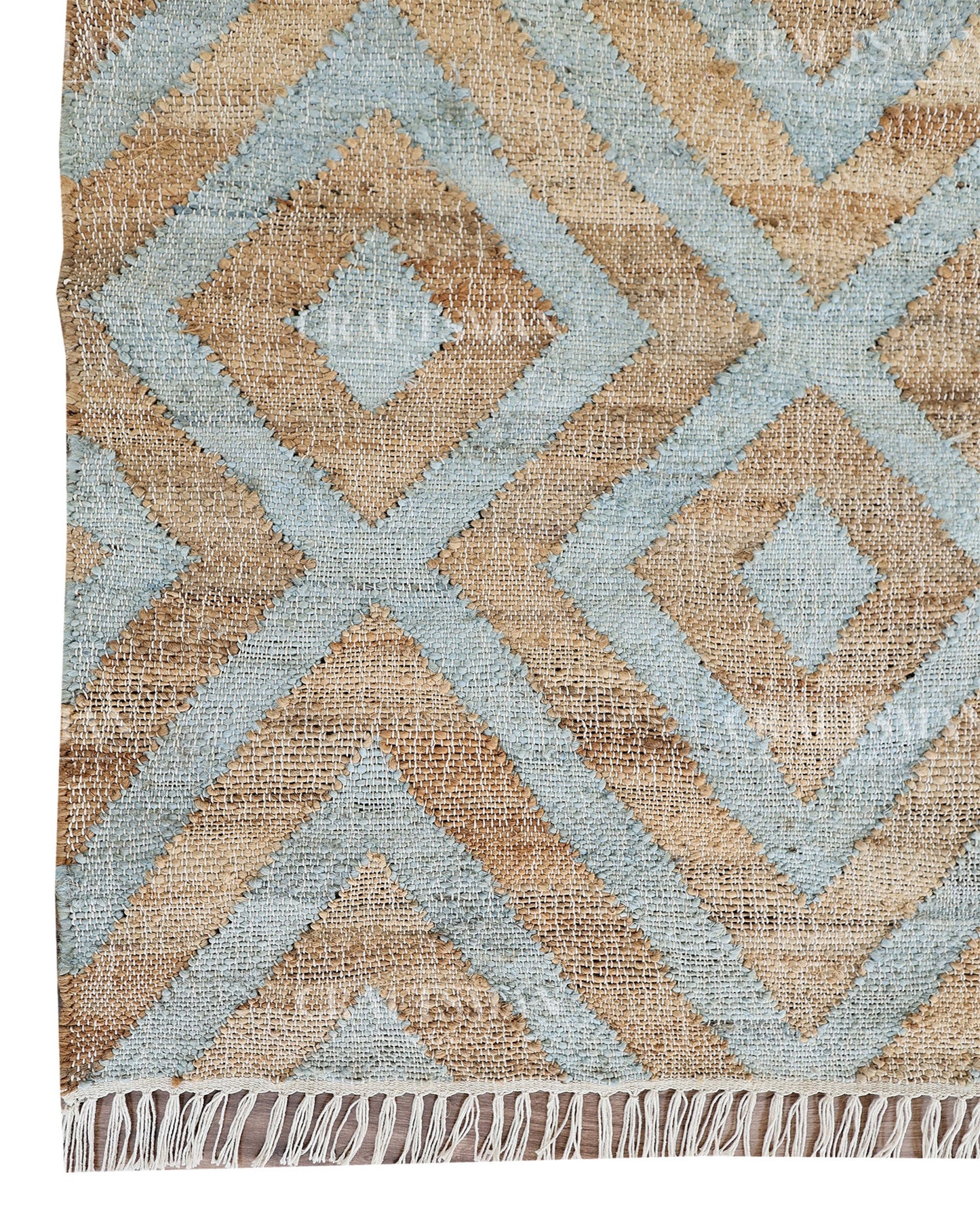 Skydiamond Jute Hand-Woven Natural Rug – Aqua Beige Geometric Boho Farmhouse Area Carpet with Fringe