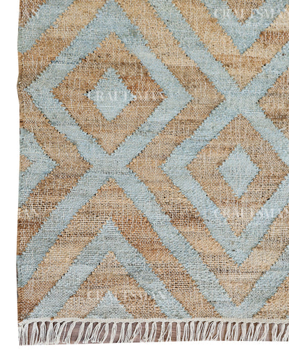 Skydiamond Jute Hand-Woven Natural Rug – Aqua Beige Geometric Boho Farmhouse Area Carpet with Fringe