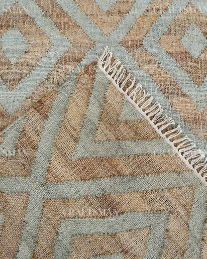 Skydiamond Jute Hand-Woven Natural Rug – Aqua Beige Geometric Boho Farmhouse Area Carpet with Fringe