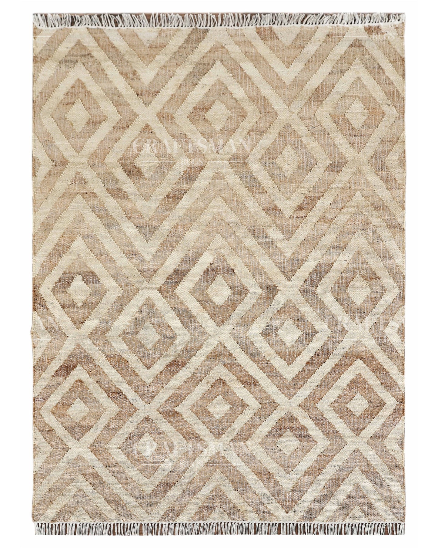 Sanddiamond Jute Hand-Woven Natural Rug – Beige Ivory Geometric Boho Farmhouse Area Carpet with Fringe