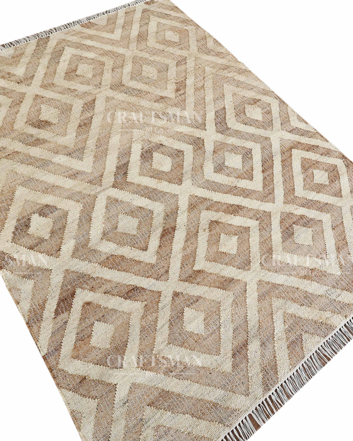 Sanddiamond Jute Hand-Woven Natural Rug – Beige Ivory Geometric Boho Farmhouse Area Carpet with Fringe