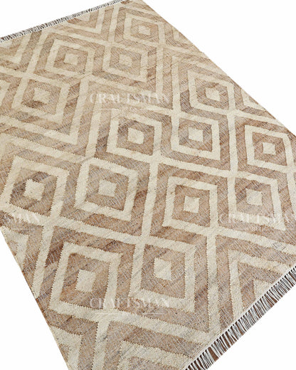 Sanddiamond Jute Hand-Woven Natural Rug – Beige Ivory Geometric Boho Farmhouse Area Carpet with Fringe