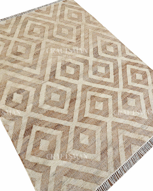 Sanddiamond Jute Hand-Woven Natural Rug – Beige Ivory Geometric Boho Farmhouse Area Carpet with Fringe