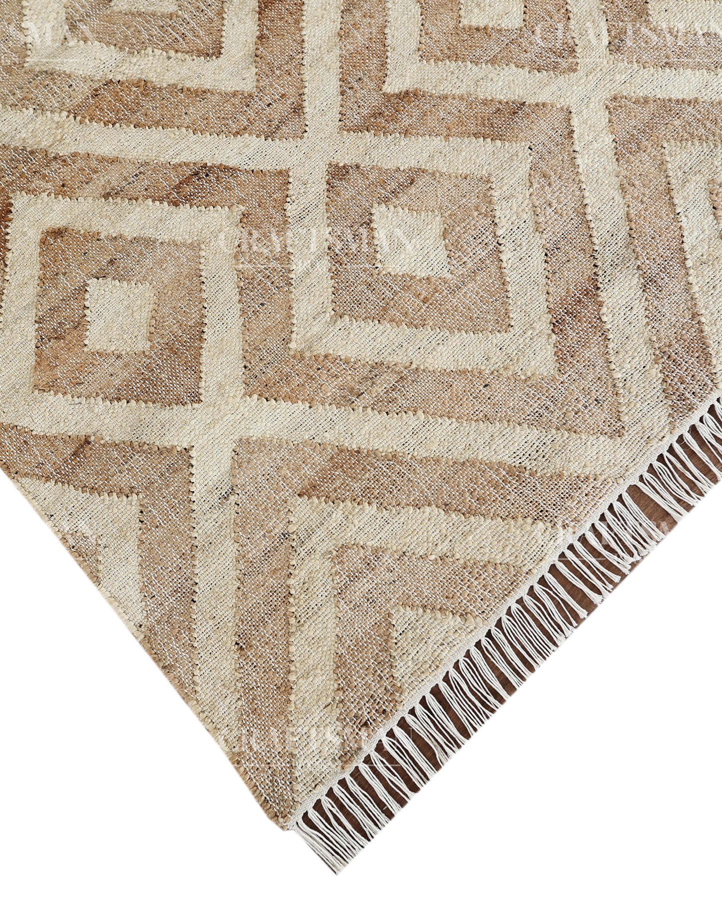 Sanddiamond Jute Hand-Woven Natural Rug – Beige Ivory Geometric Boho Farmhouse Area Carpet with Fringe