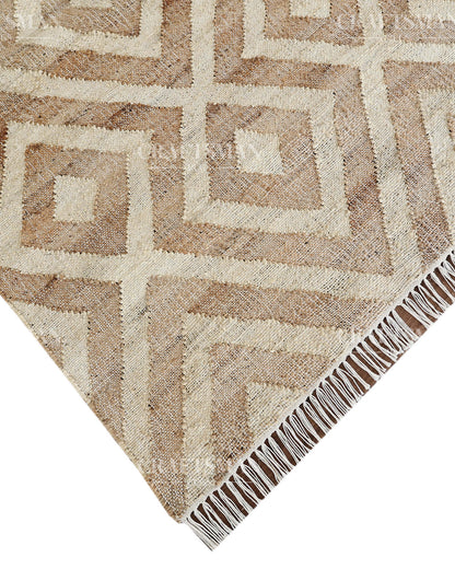 Sanddiamond Jute Hand-Woven Natural Rug – Beige Ivory Geometric Boho Farmhouse Area Carpet with Fringe