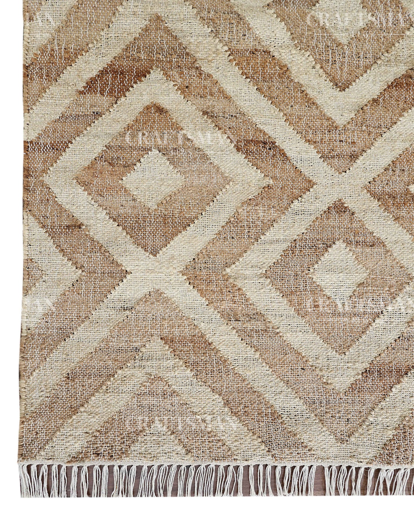 Sanddiamond Jute Hand-Woven Natural Rug – Beige Ivory Geometric Boho Farmhouse Area Carpet with Fringe
