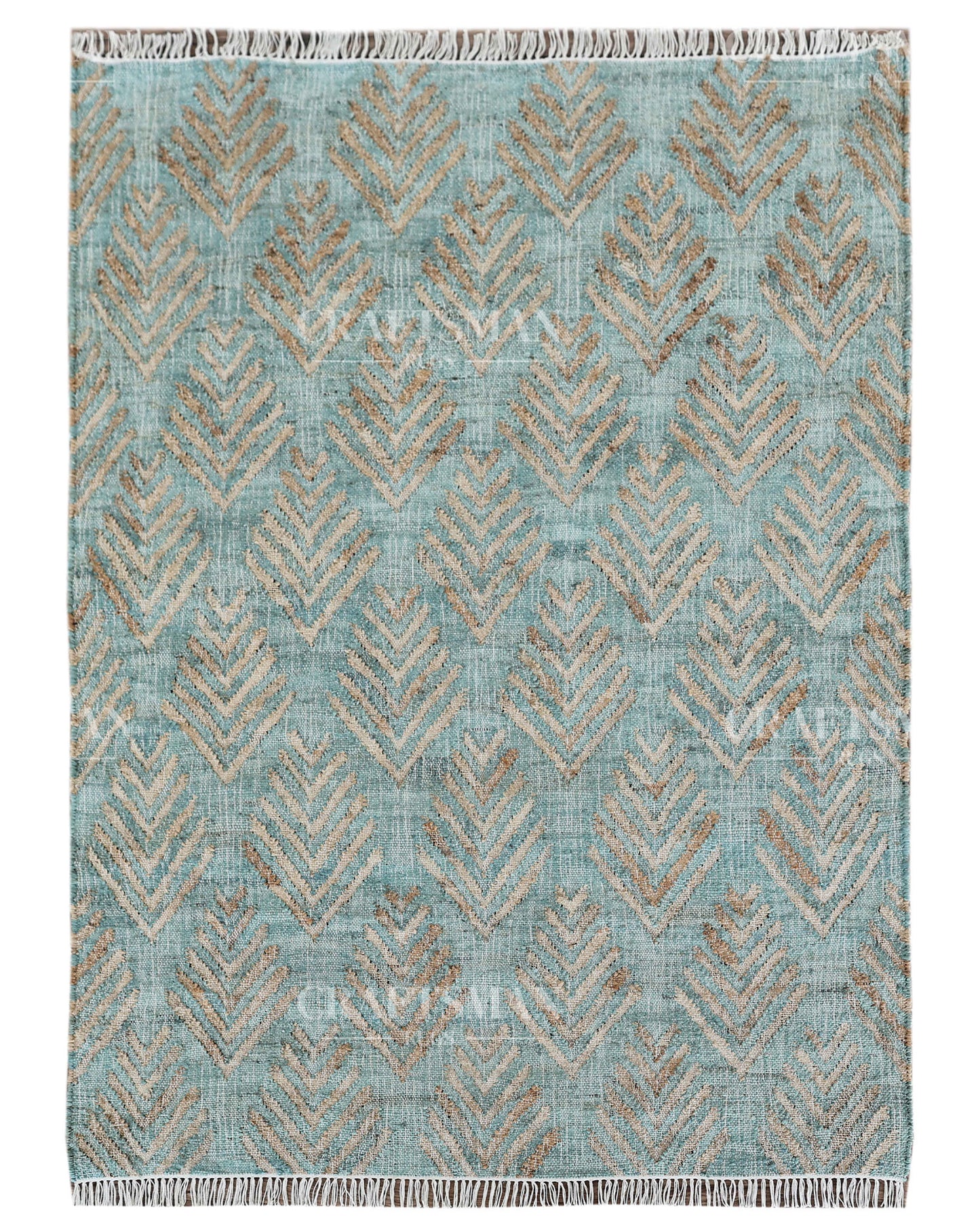 Oceanleaf Jute Hand-Woven Natural Rug – Aqua Beige Geometric Boho Farmhouse Area Carpet with Fringe