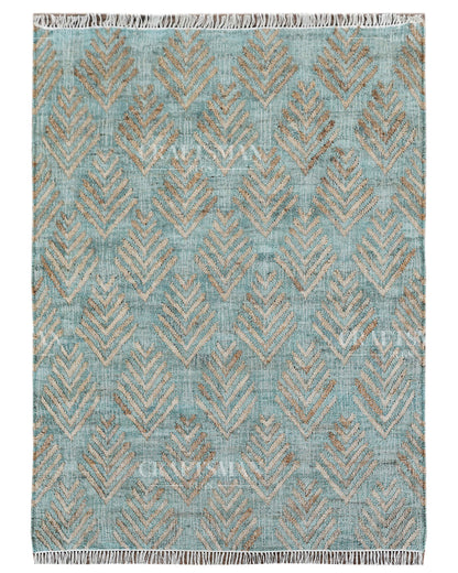 Oceanleaf Jute Hand-Woven Natural Rug – Aqua Beige Geometric Boho Farmhouse Area Carpet with Fringe