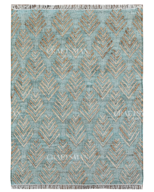 Oceanleaf Jute Hand-Woven Natural Rug – Aqua Beige Geometric Boho Farmhouse Area Carpet with Fringe