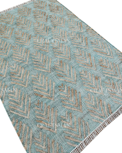 Oceanleaf Jute Hand-Woven Natural Rug – Aqua Beige Geometric Boho Farmhouse Area Carpet with Fringe