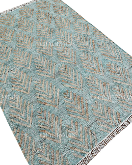 Oceanleaf Jute Hand-Woven Natural Rug – Aqua Beige Geometric Boho Farmhouse Area Carpet with Fringe