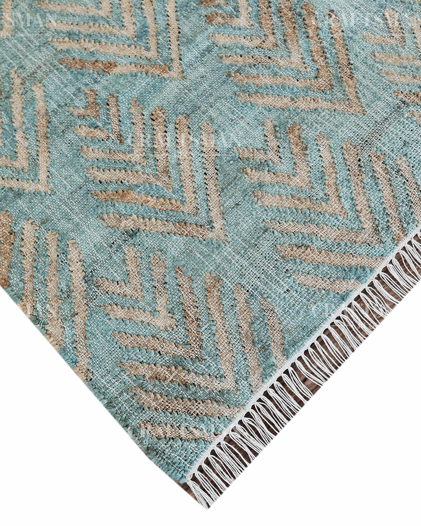 Oceanleaf Jute Hand-Woven Natural Rug – Aqua Beige Geometric Boho Farmhouse Area Carpet with Fringe