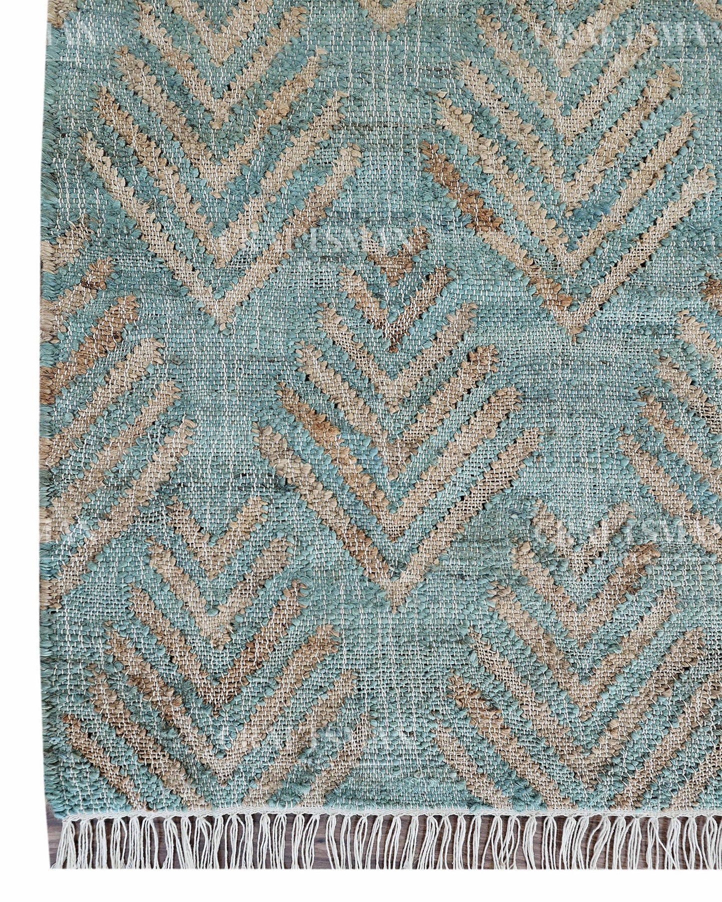 Oceanleaf Jute Hand-Woven Natural Rug – Aqua Beige Geometric Boho Farmhouse Area Carpet with Fringe