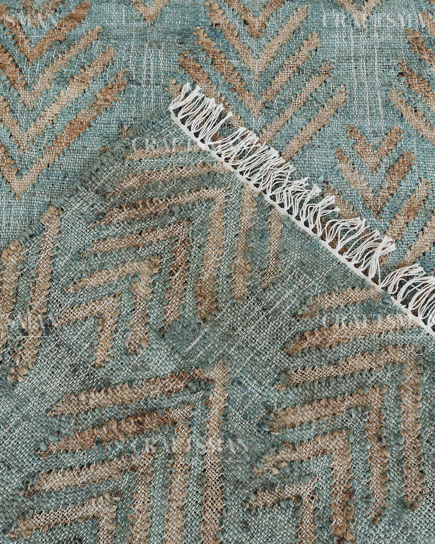 Oceanleaf Jute Hand-Woven Natural Rug – Aqua Beige Geometric Boho Farmhouse Area Carpet with Fringe