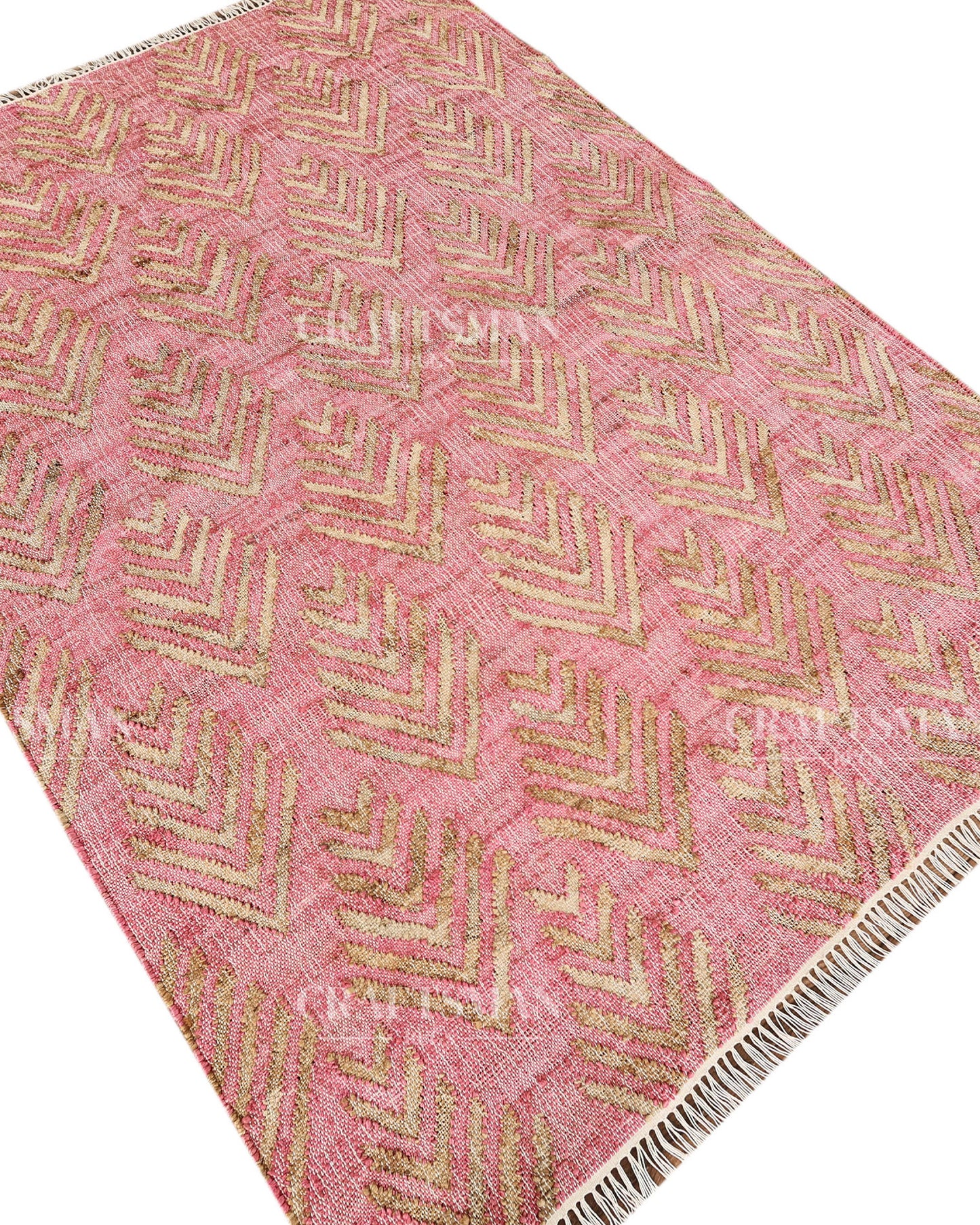 Roseleaf Jute Hand-Woven Natural Rug – Pink Beige Geometric Boho Farmhouse Area Carpet with Fringe