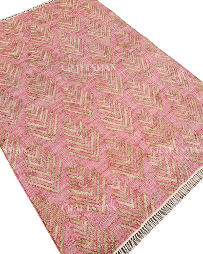 Roseleaf Jute Hand-Woven Natural Rug – Pink Beige Geometric Boho Farmhouse Area Carpet with Fringe