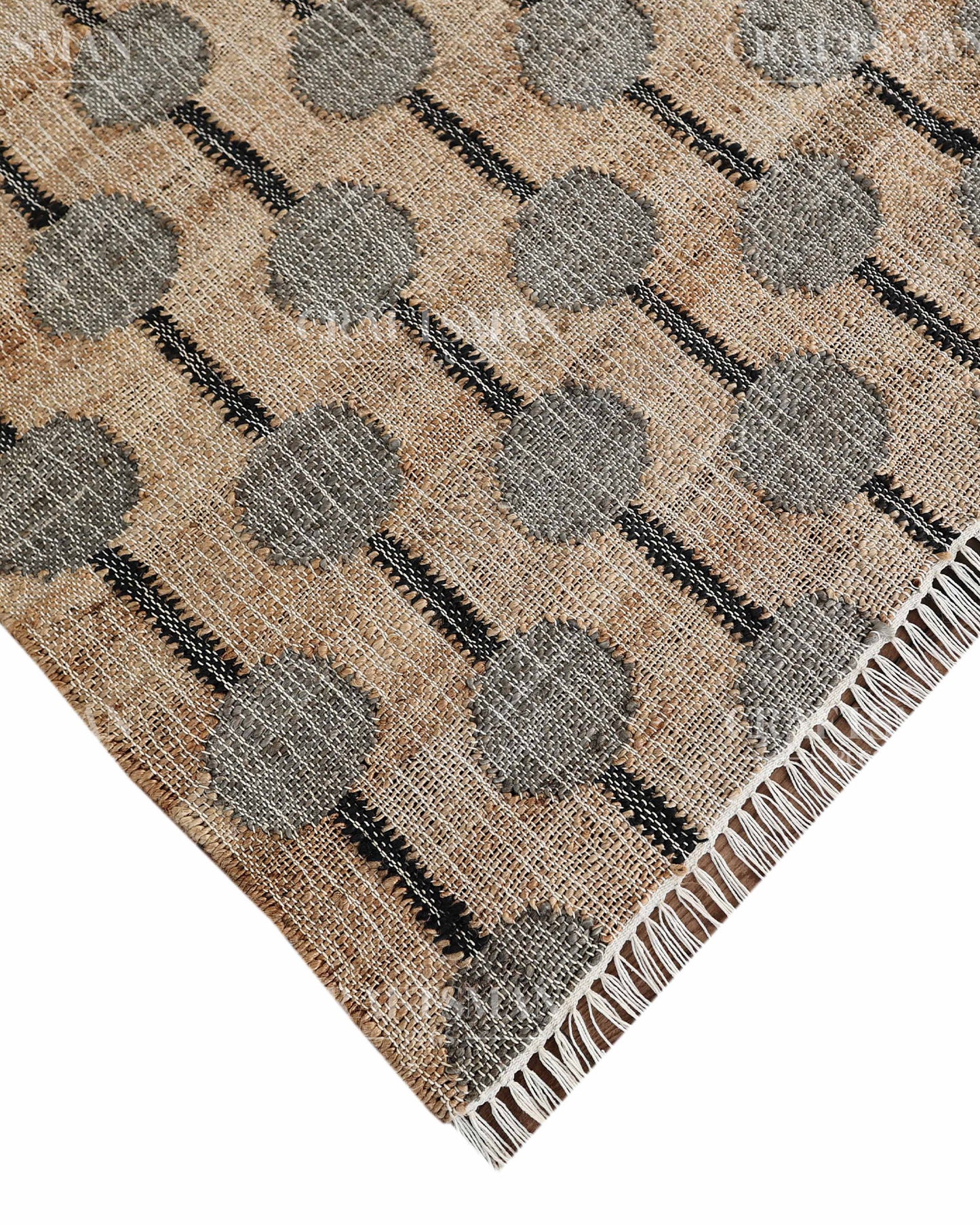 Stonebead Jute Hand-Woven Natural Rug – Beige Grey Geometric Boho Farmhouse Area Carpet with Fringe