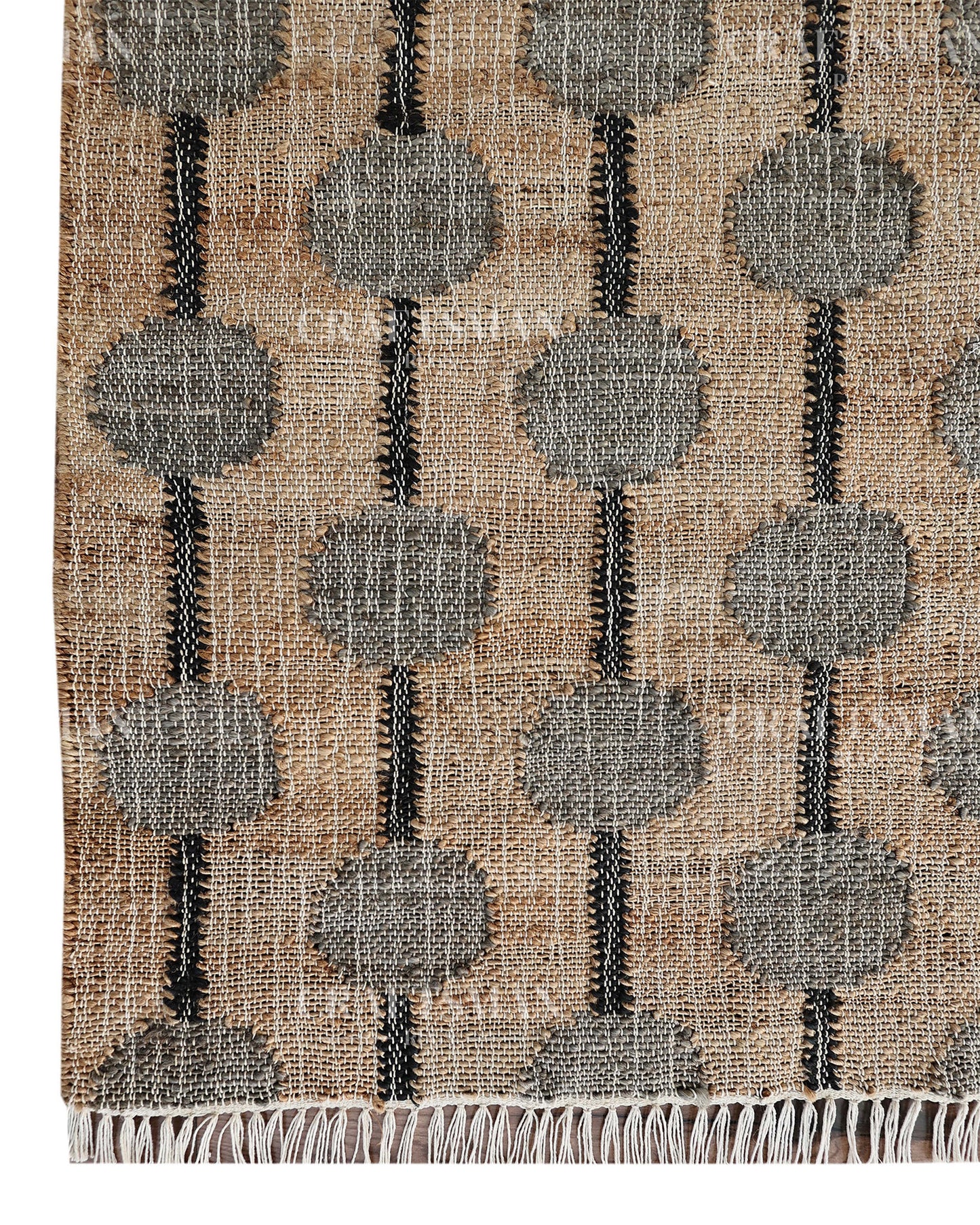 Stonebead Jute Hand-Woven Natural Rug – Beige Grey Geometric Boho Farmhouse Area Carpet with Fringe