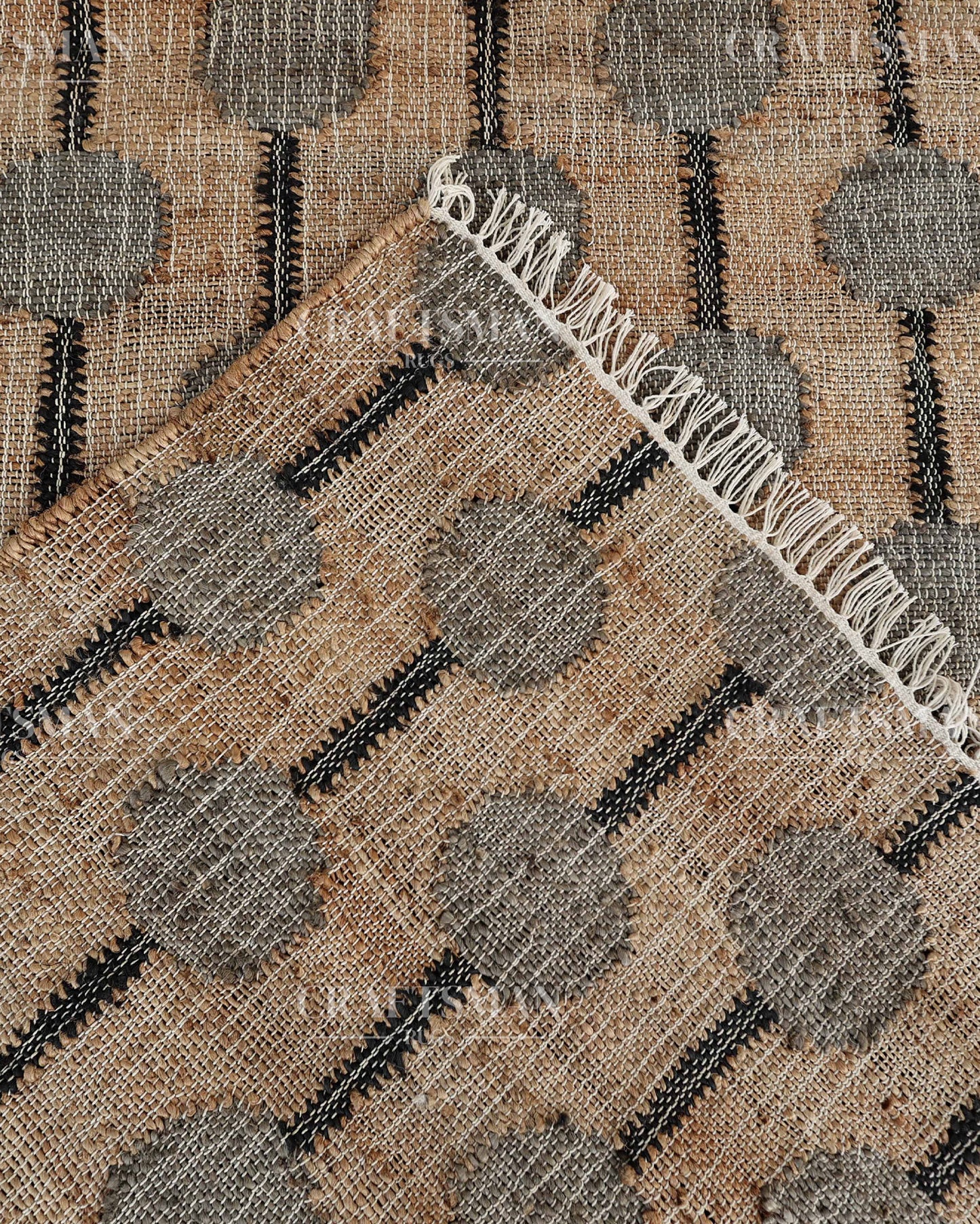 Stonebead Jute Hand-Woven Natural Rug – Beige Grey Geometric Boho Farmhouse Area Carpet with Fringe