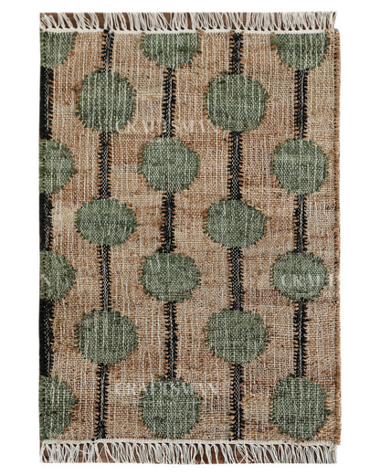 Mossbead Jute Hand-Woven Natural Rug – Beige Green Geometric Boho Farmhouse Area Carpet with Fringe