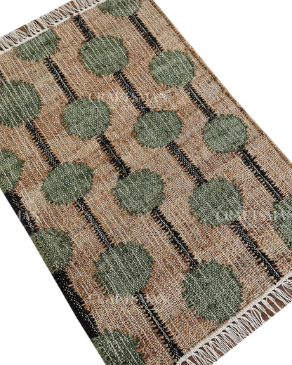 Mossbead Jute Hand-Woven Natural Rug – Beige Green Geometric Boho Farmhouse Area Carpet with Fringe