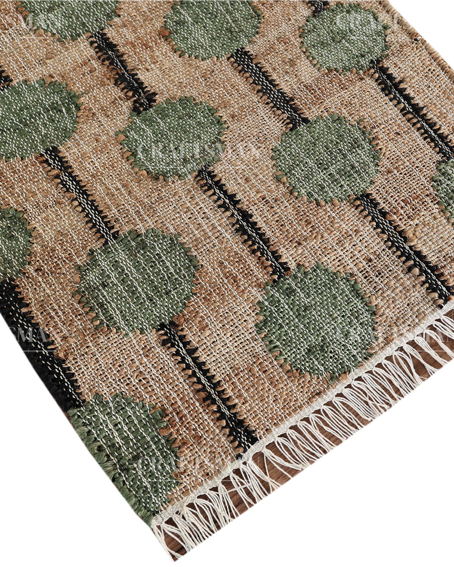 Mossbead Jute Hand-Woven Natural Rug – Beige Green Geometric Boho Farmhouse Area Carpet with Fringe