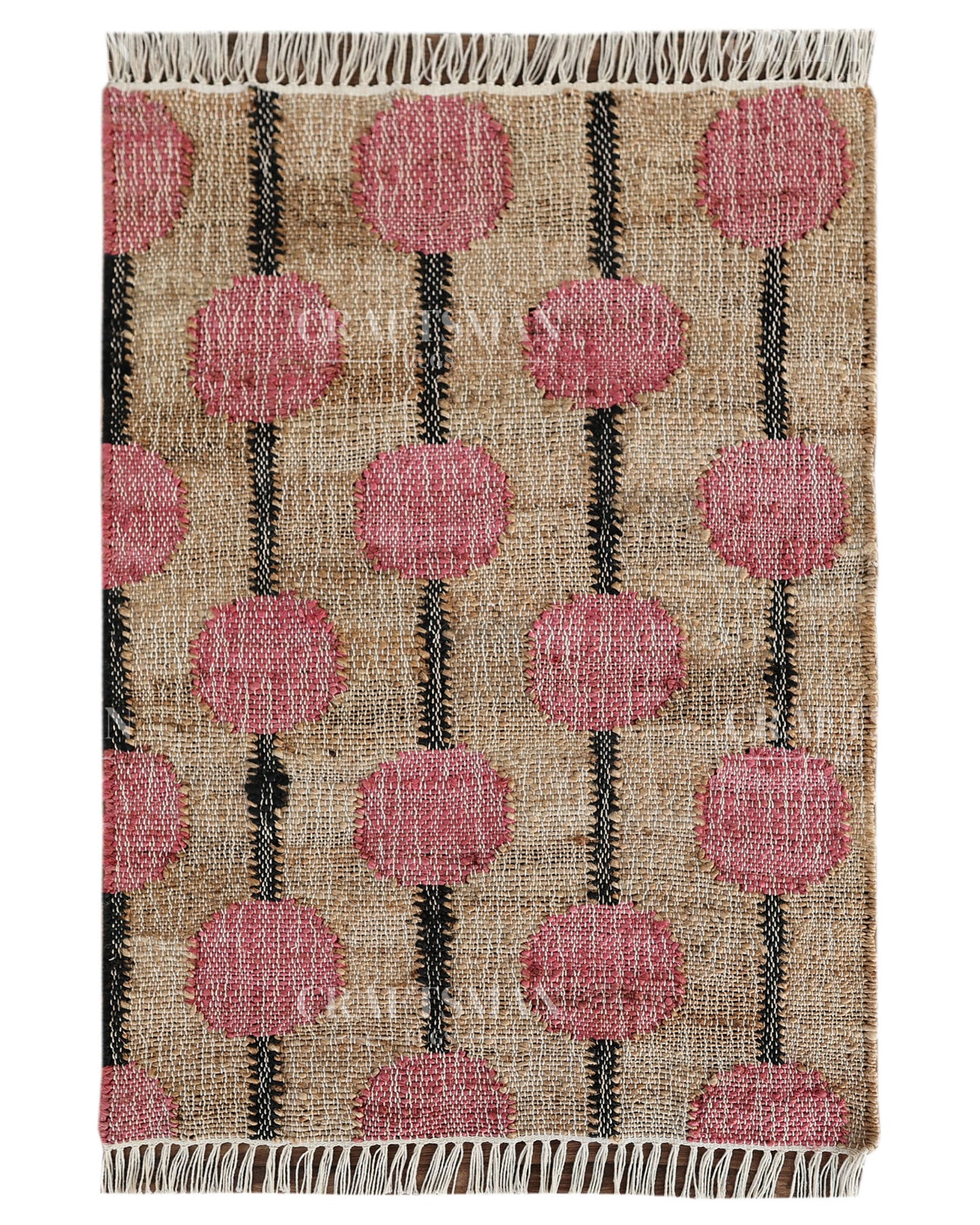 Rosebead Jute Hand-Woven Natural Rug – Beige Pink Geometric Boho Farmhouse Area Carpet with Fringe