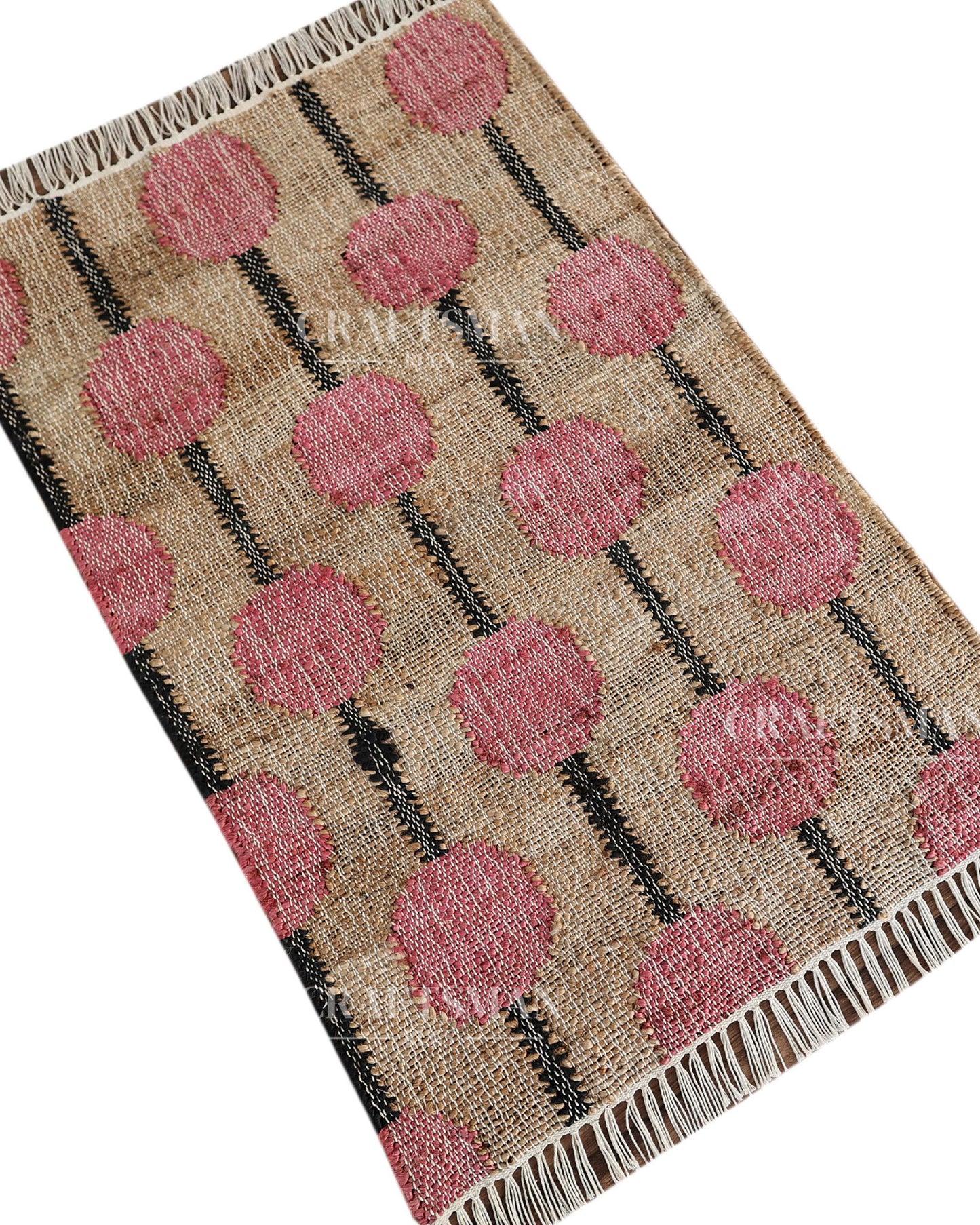 Rosebead Jute Hand-Woven Natural Rug – Beige Pink Geometric Boho Farmhouse Area Carpet with Fringe