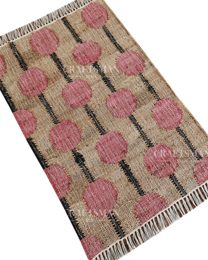Rosebead Jute Hand-Woven Natural Rug – Beige Pink Geometric Boho Farmhouse Area Carpet with Fringe