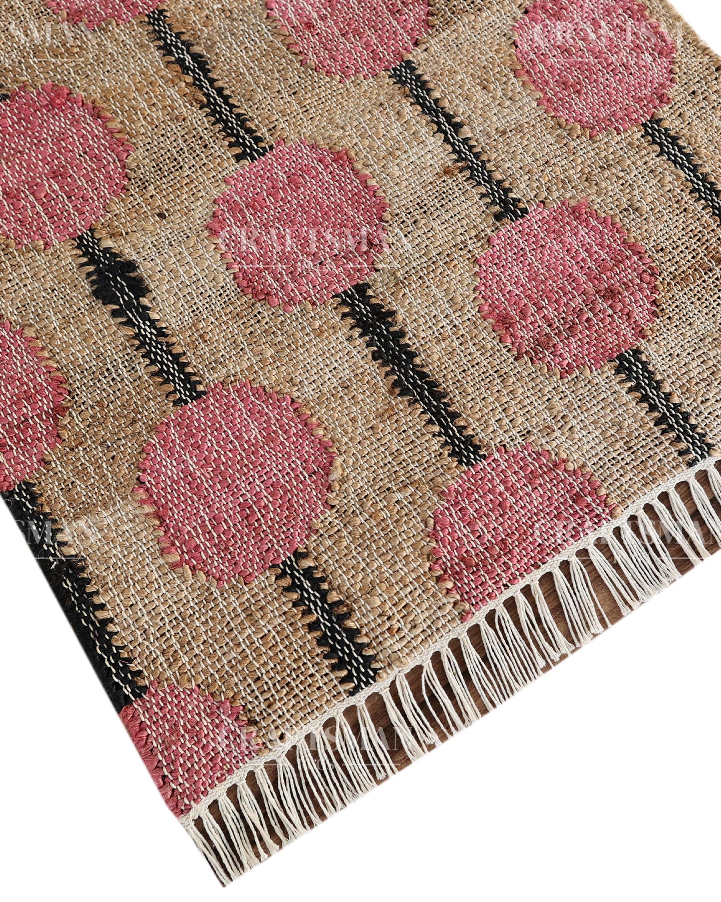 Rosebead Jute Hand-Woven Natural Rug – Beige Pink Geometric Boho Farmhouse Area Carpet with Fringe