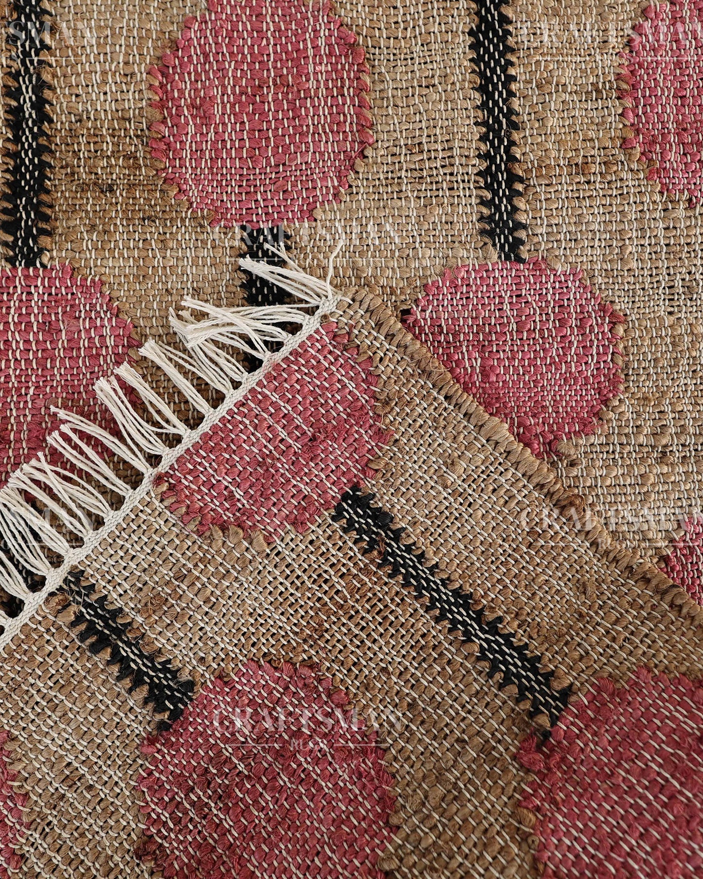 Rosebead Jute Hand-Woven Natural Rug – Beige Pink Geometric Boho Farmhouse Area Carpet with Fringe