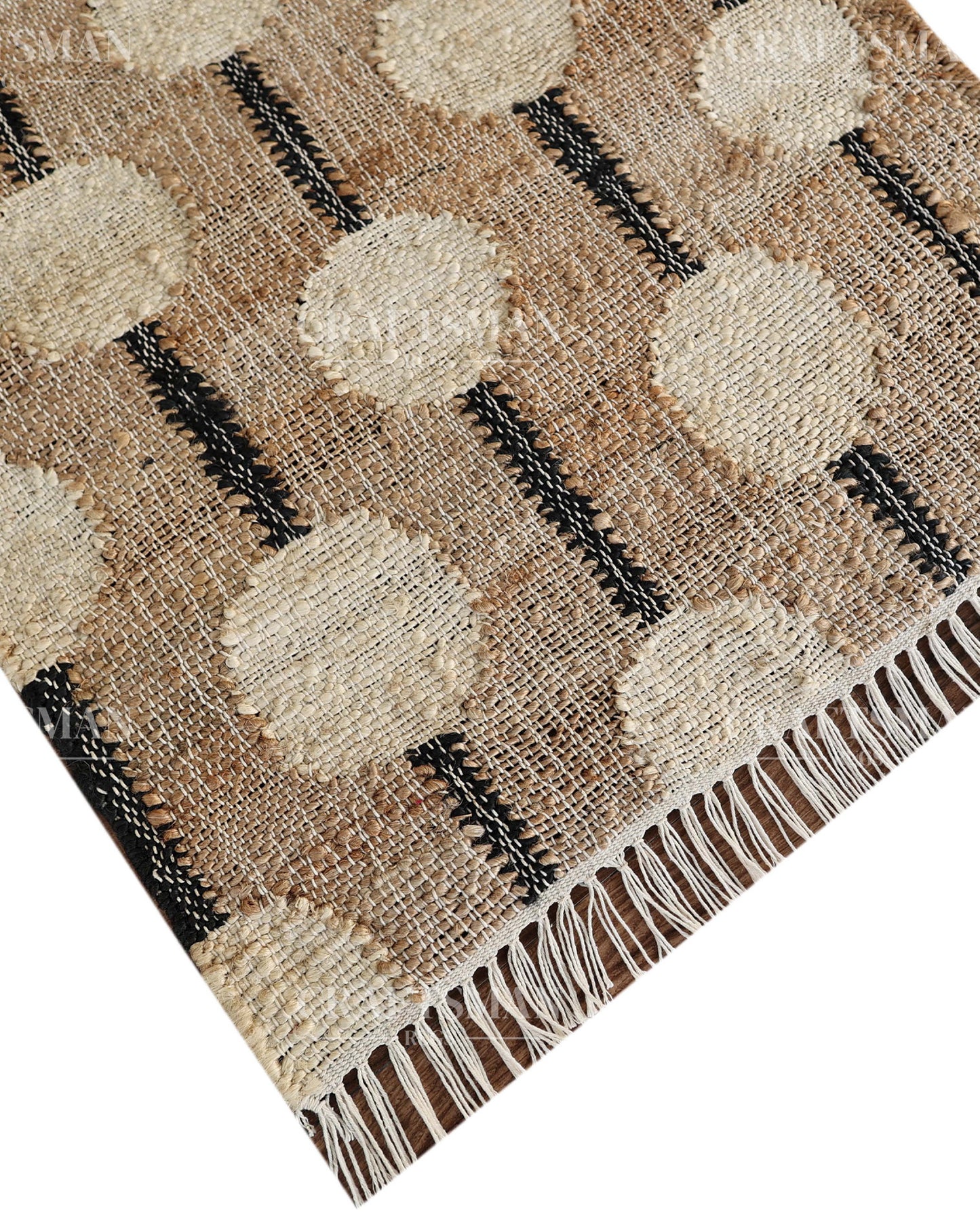 Ivorybead Jute Hand-Woven Natural Rug – Beige Ivory Geometric Boho Farmhouse Area Carpet with Fringe