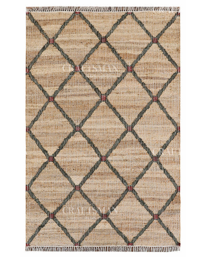 Rustgrid Jute Hand-Woven Natural Rug – Beige Charcoal Geometric Diamond Boho Farmhouse Area Carpet with Fringe