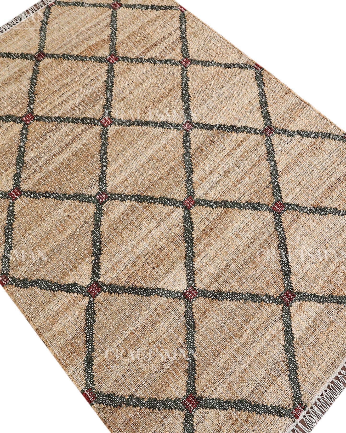 Rustgrid Jute Hand-Woven Natural Rug – Beige Charcoal Geometric Diamond Boho Farmhouse Area Carpet with Fringe